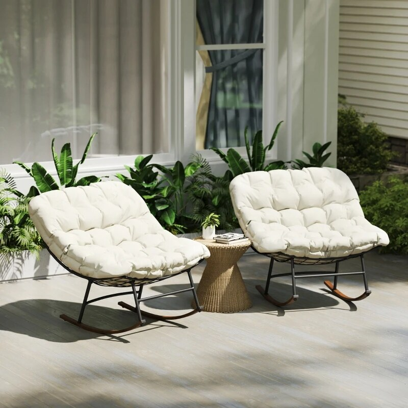 2 PCS Outdoor Rocking Chair, Oversized Rocking Papasan Chairs with Cushions for Garden Porch