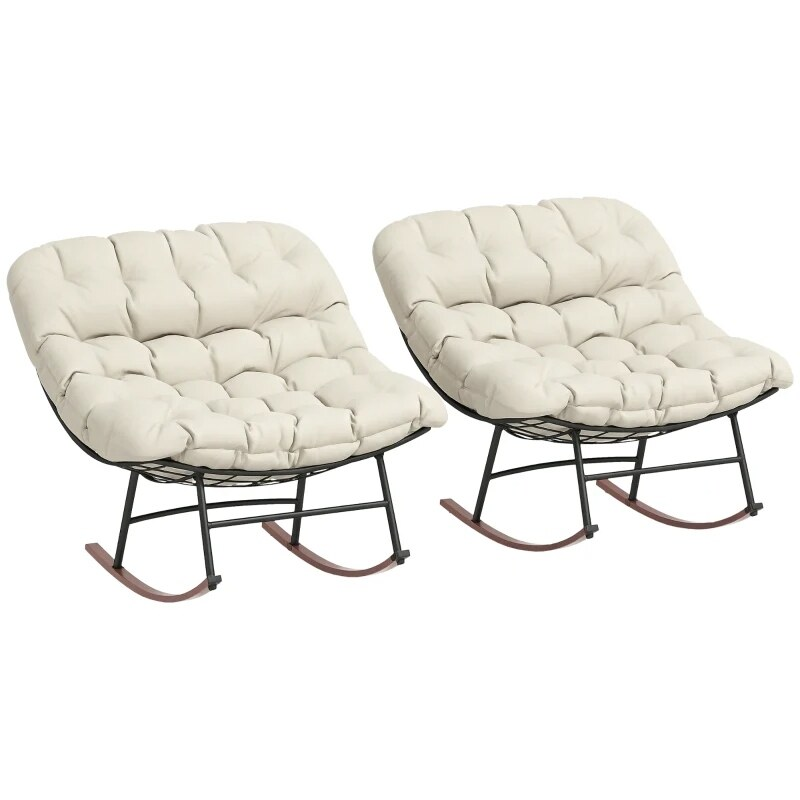 2 PCS Outdoor Rocking Chair, Oversized Rocking Papasan Chairs with Cushions for Garden Porch