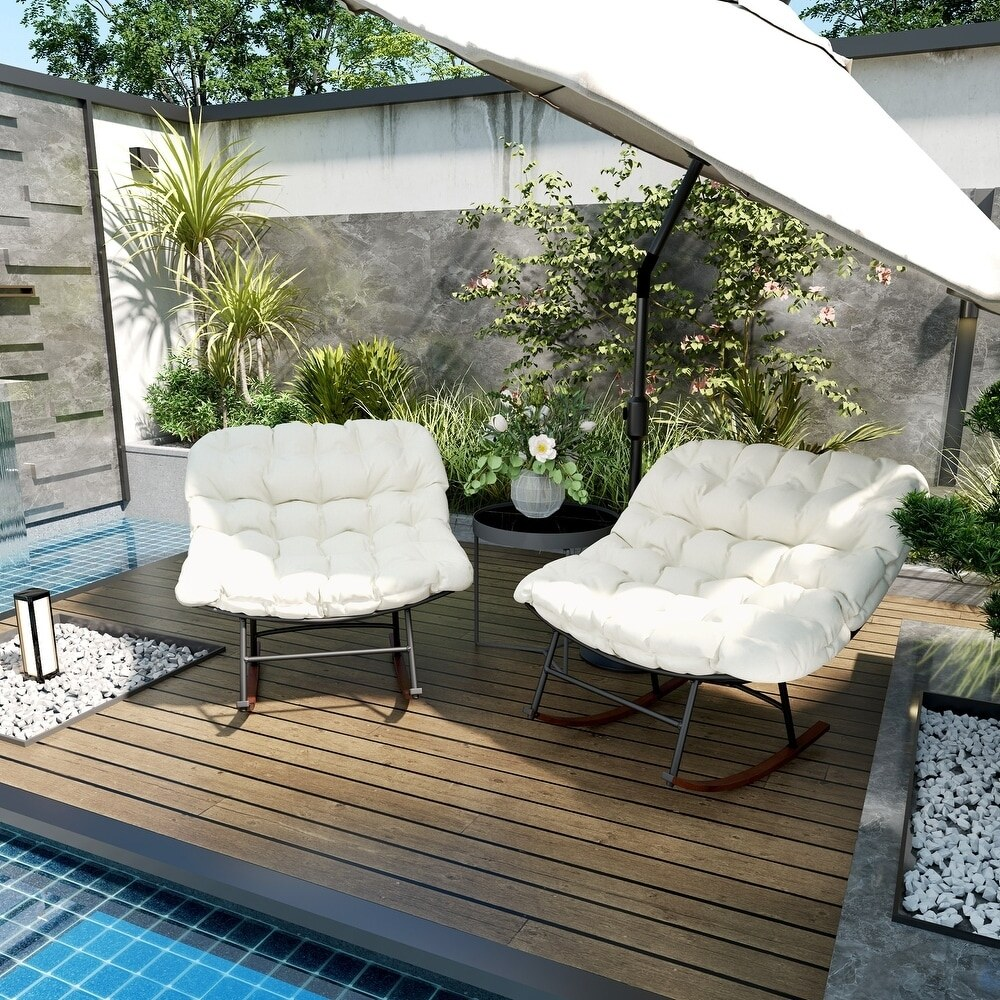 2 PCS Outdoor Rocking Chair, Oversized Rocking Papasan Chairs with Cushions for Garden Porch