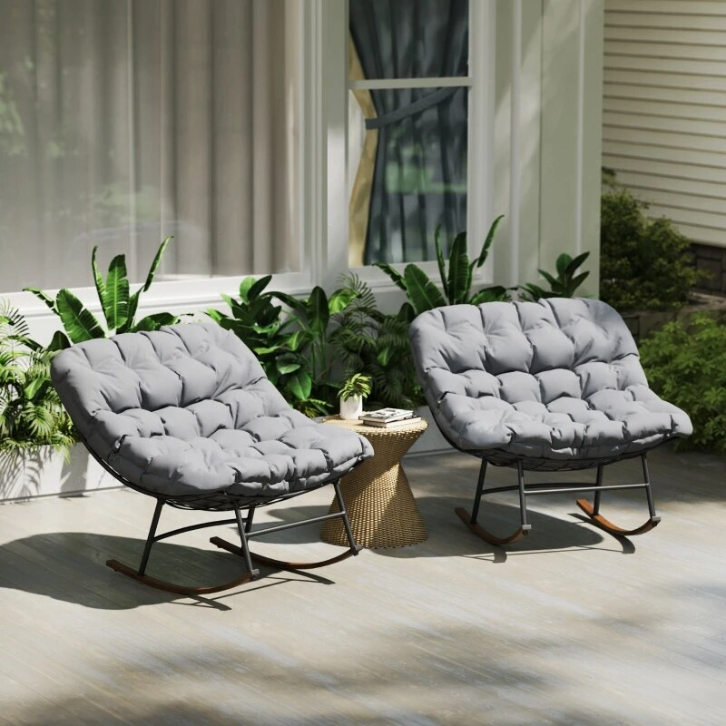 2 PCS Outdoor Rocking Chair, Oversized Rocking Papasan Chairs with Cushions for Garden Porch
