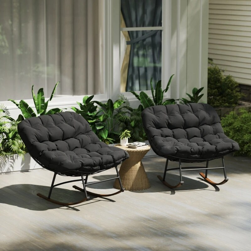 2 PCS Outdoor Rocking Chair, Oversized Rocking Papasan Chairs with Cushions for Garden Porch