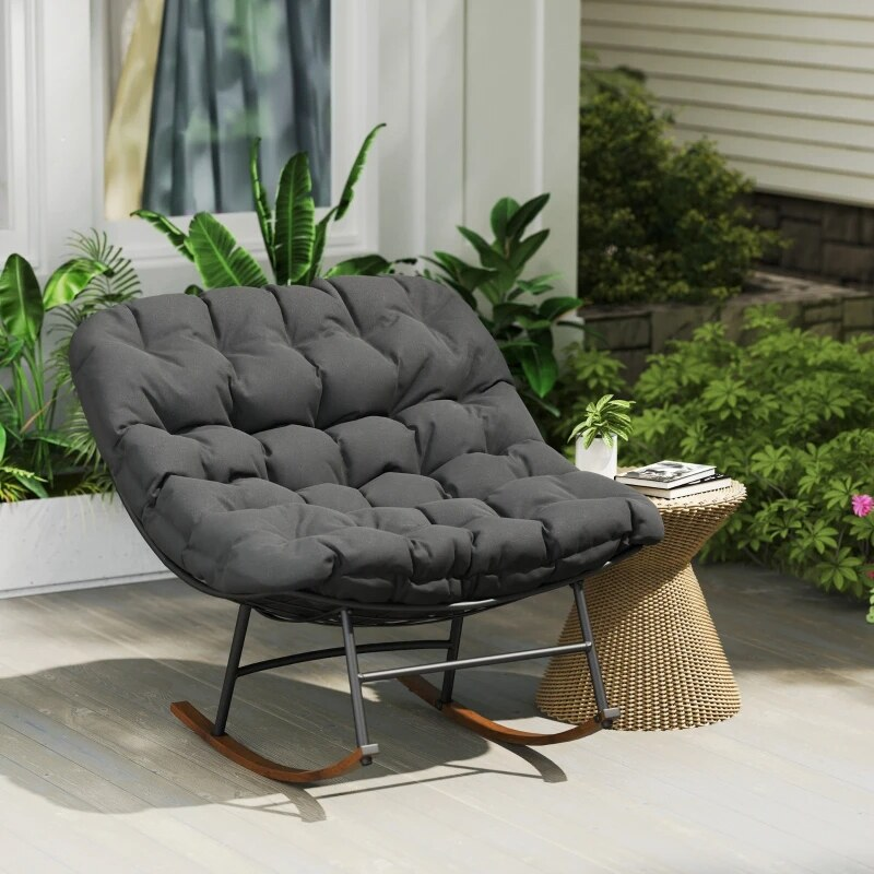 2 PCS Outdoor Rocking Chair, Oversized Rocking Papasan Chairs with Cushions for Garden Porch
